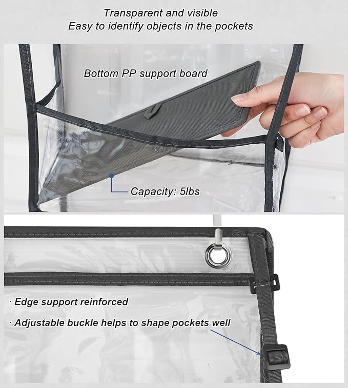 Fixwal Over The Door Hanging Pantry Organizer - 5-Shelf Room Storage With Clear Plastic Pockets for Behind The Door - Large Capacity for Closet, Bedroom, Bathroom (Grey)