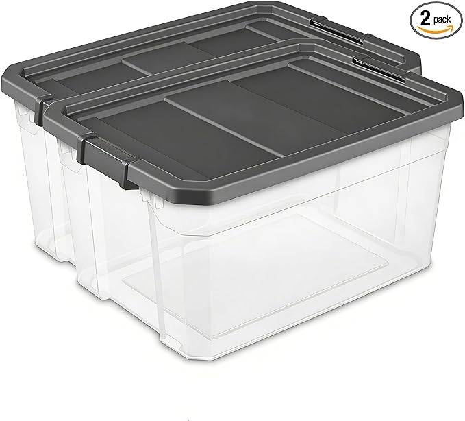 76 Quart Heavy-Duty Stacker Box – Clear Plastic Storage Bin with Secure Latch Lid, Ideal for Home, Garage, Closet & Basement Organization, Dark Gray (2)