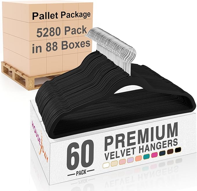 HOUSE DAY Black Velvet Hangers 5280 Pack (88 Cases, 60P/Case) Pallet Package for Small Business, Non Slip Clothes Felt Hanger Heavy Duty for Coat, Premium Slim Space Saving Suit Hangers