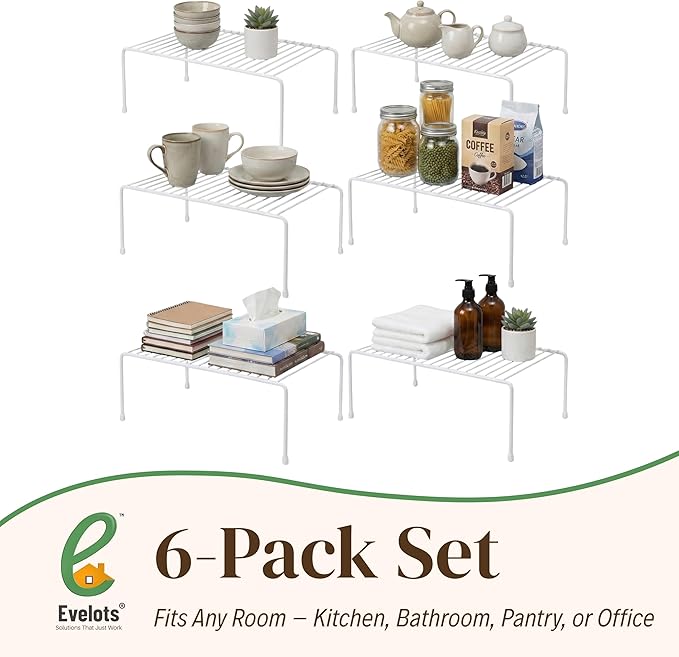 Evelots Kitchen Cabinet Wire Shelf Organizer/Rack - 6 Pack Sturdy Metal Shelf Risers - Double Your Counter Space - Great for Kitchen, Freezer, Pantry and Bathroom - Rustproof - White