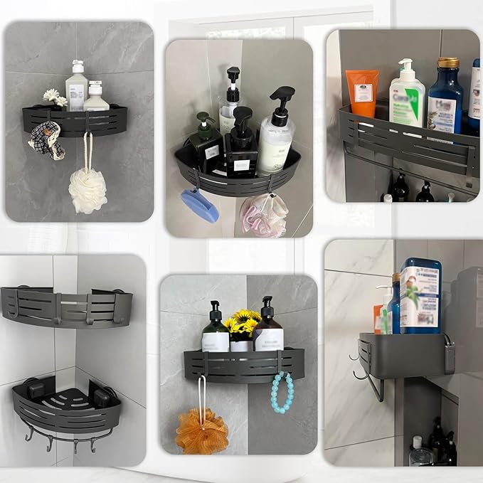 Onemake Shower Caddies Suction Cup, 2-Pack Removable Bathroom Shelf, Shower Organizer with Portable Hooks, Shower Caddy Corner Waterproof Holder with Towel Bar, Gray