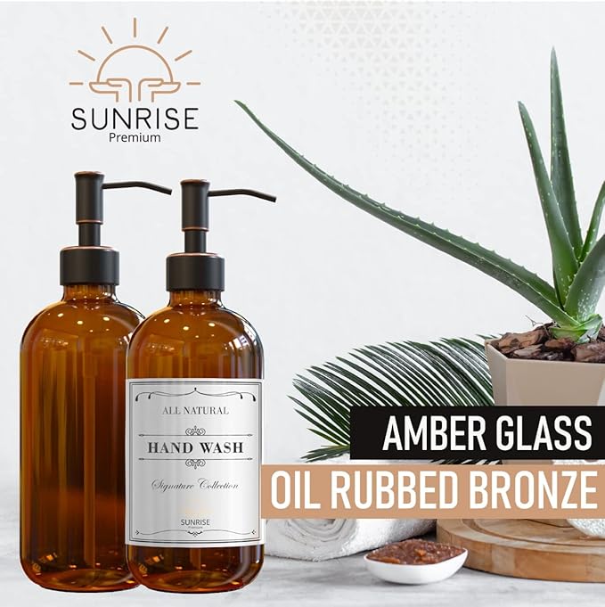 2 Pack Amber Glass Soap Dispenser 16 OZ with Oil Rubbed Bronze Stainless Steel Pump, Hand and Dish Soap Dispenser Set for Bathroom and Kitchen Sink with 6 Waterproof Labels