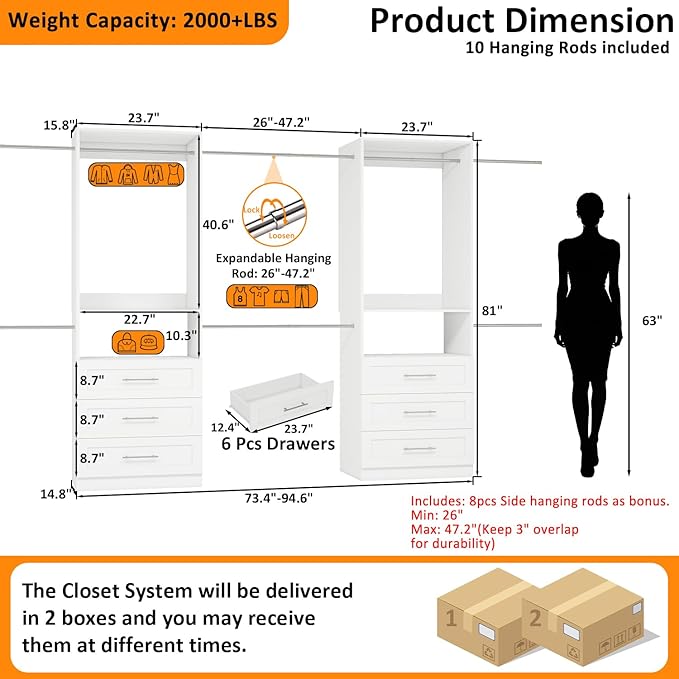 Closet System of 2 Set, 4-18FT Closet Organizer System with 10 Hanging Rods & 6 Wood Drawer & Adjustable Shelves, Walk in Closet Storage System, Free Standing Closet System, White