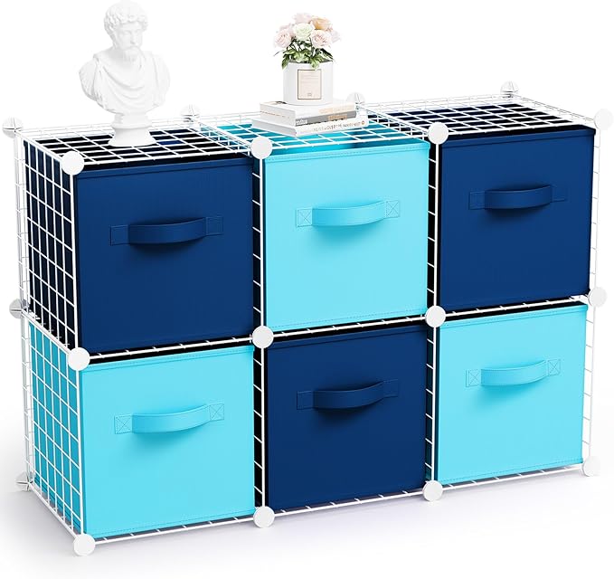 Leinuosen 6 Cube Storage Organizer with Fabric Bins, Wire Grid Stackable Shelves, Drawer Closet Organizer, Modular Storage Units for Bedroom Living Room Office Clothes Toys Crafts(White,Blue)