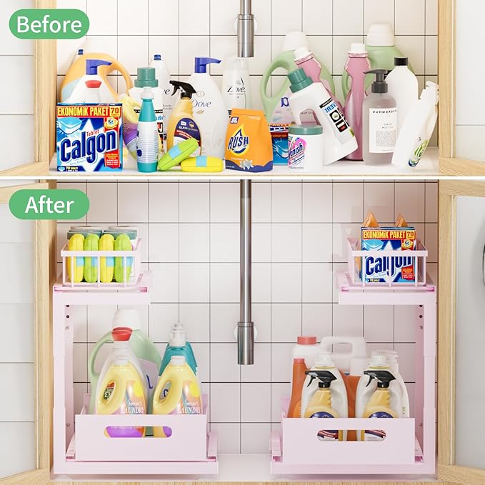 Under Sink Organizer Storage 2-Tier Premium Metal Pull-Out Racks, Height Adjustable, Heavy Dut and Easy Installation for Kitchen & Bathroom Organizers 1 Pack