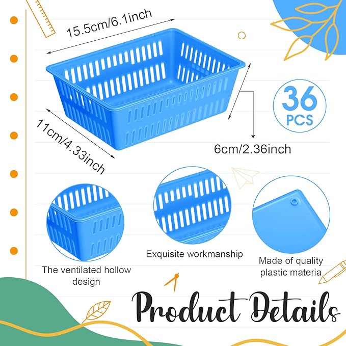 Sherr 36 Pack Classroom Storage Basket Small Plastic Basket for Organizing Crayon Pencil Container Storage Bin Tray Holder for Paper Shelf Back to School Office Supply 6.1" l x 4.3" w x 2.4" h(Blue)