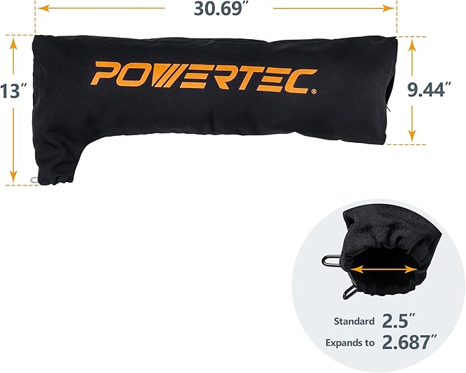POWERTEC Table Saw Dust Collector Bag for 8-1/2", 10" Table Saw. Fits Nominal 2-1/2" Dust Ports, Hook and Loop Dust Bag w/Zipper and Spring Clasp for Easy to Attach, 2 PK (75074-P2)