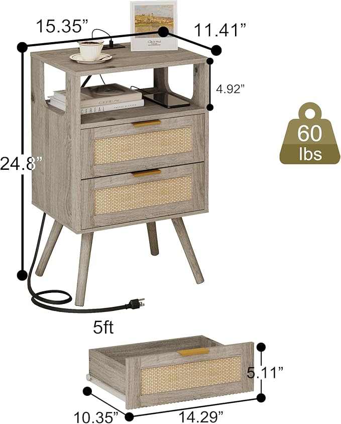 Veegle Rattan Nightstand with Charging Station,Modern Bedside Table with 2 Storage Drawer and Open Wood Shelf, for Bedroom and Small Spaces,Night Stand with Solid Wood Legs (Grey Oak)