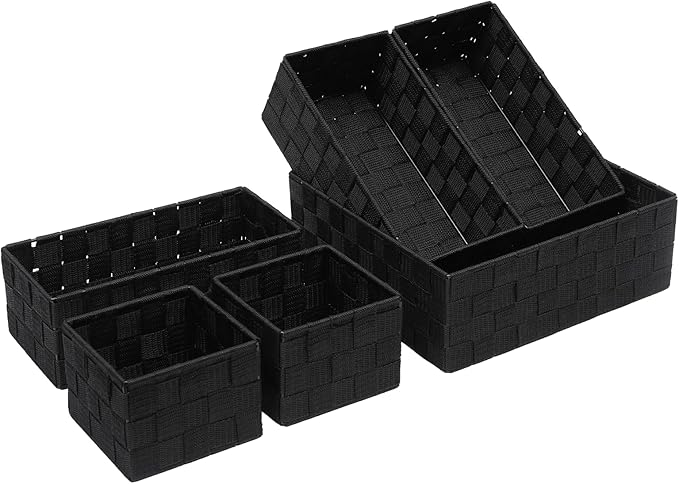 Storage Bins Woven Organizer Set of 6 – Polypropylene Storage Baskets with Metal Frame, Stackable Fabric Boxes for Drawers, Closet, Shelf, Nursery and Office, Black