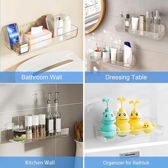 Diesisa Acrylic Wall Mounted Shower Caddy, Clear, Large Size 12.8L x 4" W x 3.3" H, Acrylic Shelf, No Drilling Walls Adhesive Shelf, Bathroom Shelves with Self Adhesive Tape for Bathroom, Kitchen