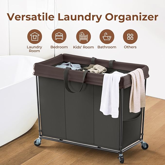 320L Laundry Hamper with Wheels, 3 Section Large Rolling Laundry Basket Bag with Wheels, Clothes Hamper Cart for Laundry, Bedroom, Bathroom and Dorm
