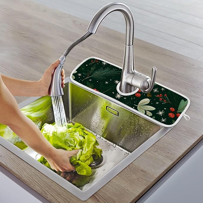 Sink Faucet Absorbing Mat Kitchen Sink Splash Guard Splash Faucet Drip Catcher for Bar RV Bathroom 2PCS 14.9x5.5in Green Christmas Holly Berries Pine Needles Leaves