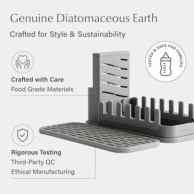 Dorai Home Collapsible Dish Drying Rack and Stone Pad – Foldable Drying Rack with Instant-Dry Stone Mat – Space-Saving Collapsible Drainer for Kitchen Counter - 19.9" x 15.2" (Slate)