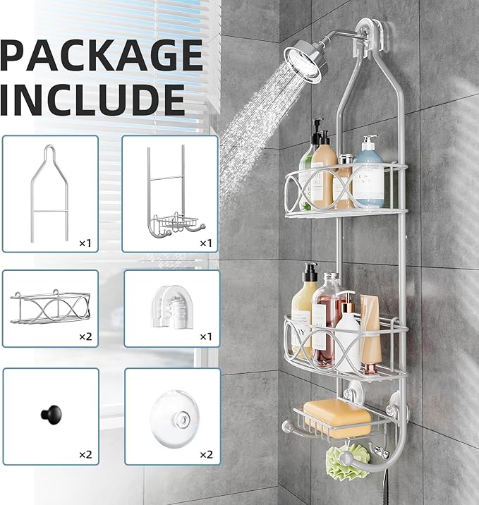 Shower Caddy Hanging 3 Tier with Two Movable Baskets, Grey Shower Caddy with Hooks for Towels, Sponge and More