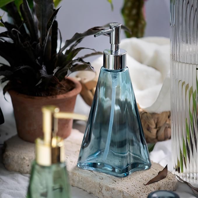 EMPO Vintage Elegant Glass Soap Dispenser, Liquid Soap/Sanitizer/Shampoo Bottle with Golden ABS Pump, Rustic Farmhouse Decor Hand Soap Dispenser Bathroom Accessories (Ripple Yale-Blue)
