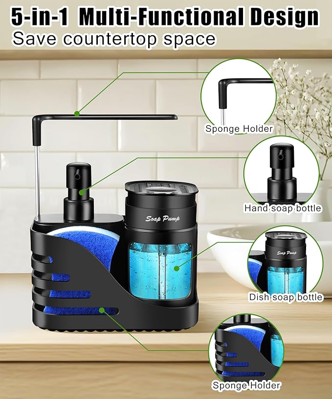 Kitchen Soap Dispenser Set, 4-in-1 Dual Hand and Dish Soap Dispenser with Sponge Holder and Dishcloth Holder for Kitchen Sink (Black)