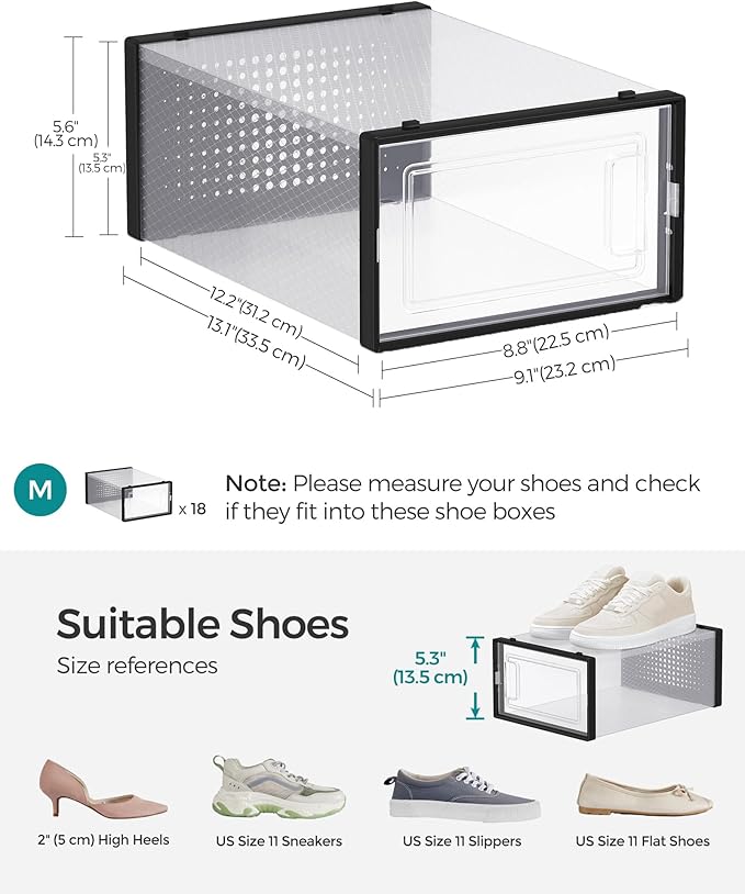 SONGMICS Shoe Boxes, Pack of 18 Shoe Storage Organizers, Stackable Clear Plastic Boxes for Closet, Sneakers, 13.1 x 9.1 x 5.6 Inches, Transparent and Black ULSP18SBKV1