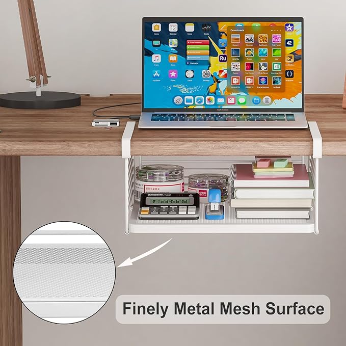 Under Shelf Storage Basket, Hanging Wire Basket with 1.13 Inches Thick Clips for Kitchen, Pantry or Laundry Room, Under Cabinet or Desk Storage Organizer, White, 2 Pack