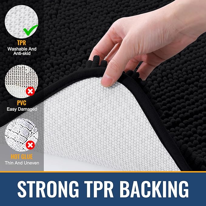 Arotive Bathroom Rugs 24x16, Extra Soft Absorbent Shaggy Chenille Bath Rugs, Machine Washable Rubber Backing Non-Slip Bath Mats for Bathroom Floor Tub and Shower, Home Decor Accessories, Black