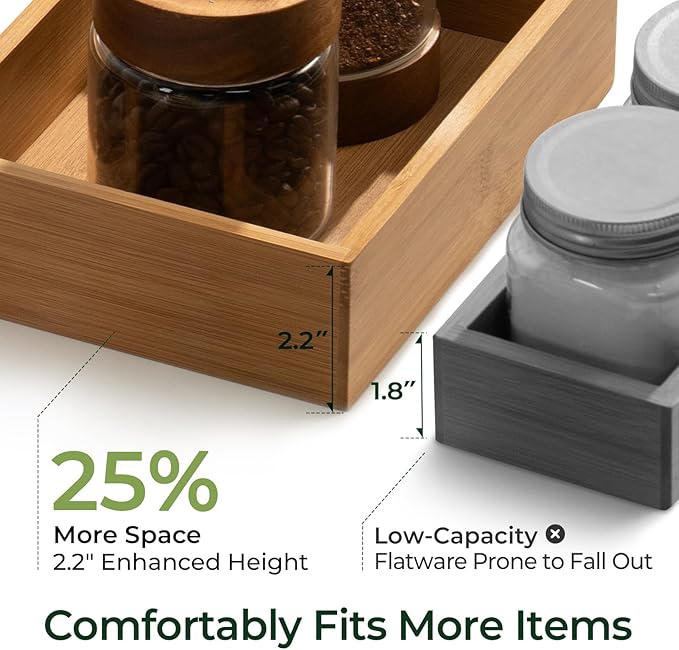10-Piece Bamboo Drawer Organizer Set, 2.2" Deep Multi-Use Organizers for Utensils, Silverware, Cutlery, Desk, Bathroom, Junk Drawer & Makeup, Non-Slip Feet Included.