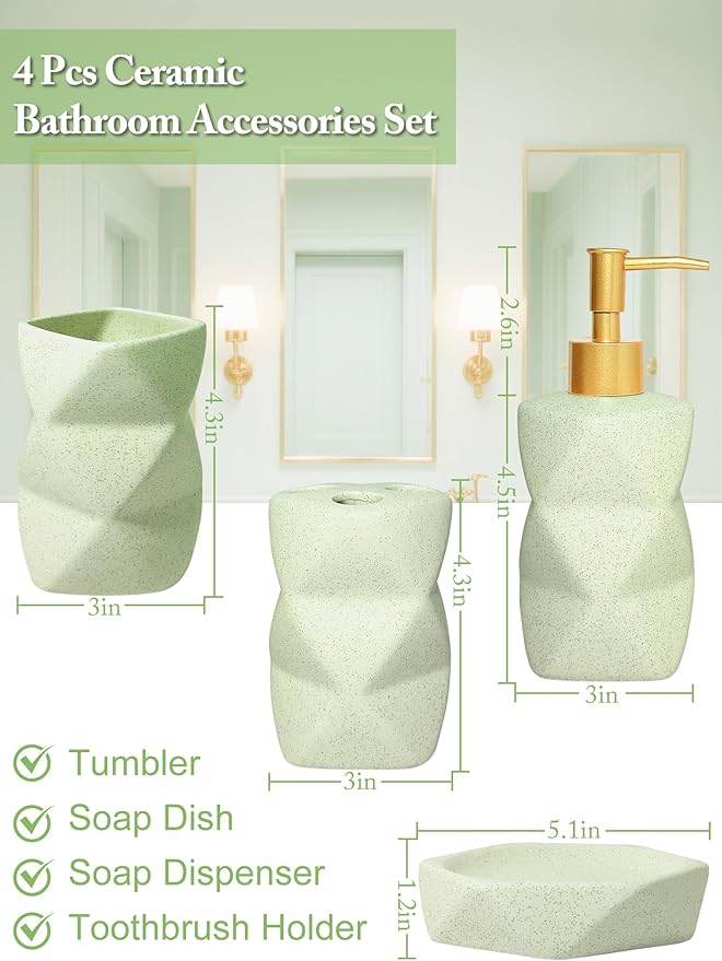 Ceramic Bathroom Accessories Set, 4-Piece Green Bathroom Set Complete with Soap Dispenser Set, Toothbrush Holder, Tumbler & Soap Dish – Bathroom Sets Accessories for Home, Apartment, Idea
