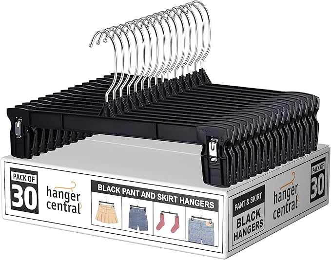 Hanger Central 30 Pack Pants Hangers – 10 Inch Slim Plastic Clothes Hangers with Clips for Skirts, Pants, Shorts – Heavy Duty Space Saving Non Slip Closet Organizer with Swivel Hook – Black
