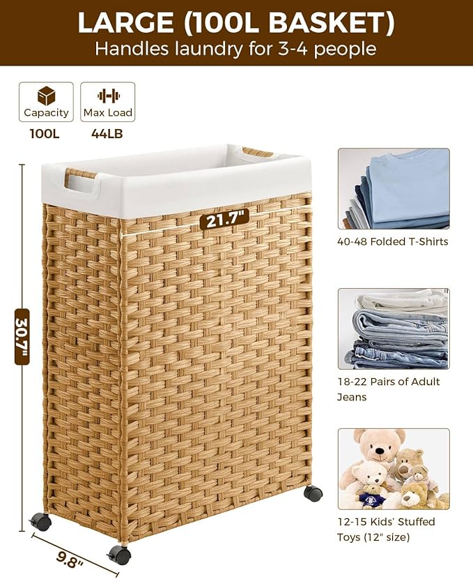 Greenstell Laundry Hamper with Wheels & Handles, 26.4 Gallon (100L) Slim Laundry Basket with 2 Removable Liner Bags & 2 Mesh Bags, Foldable Narrow Clothes Hamper for Bedroom, Bathroom, Closet, Natural