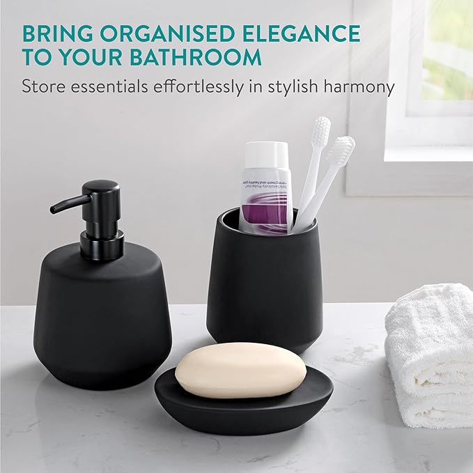 Navaris Ceramic Bathroom Sink Accessories Set - Complete 3pc Matte Black Accessory Set - Soap Dispenser, Toothbrush Holder and Tray - Sets for Bathrooms, Vanity, and Kitchen Sinks