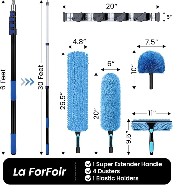 36ft High Ceiling Duster Kits with 5-30ft Heavy Duty Extension Pole - Fan Blade Cleaner, Cobweb Remover & Blue Window Squeegee Kit, Washable Dust Brush for High Roof and Glass Surfaces