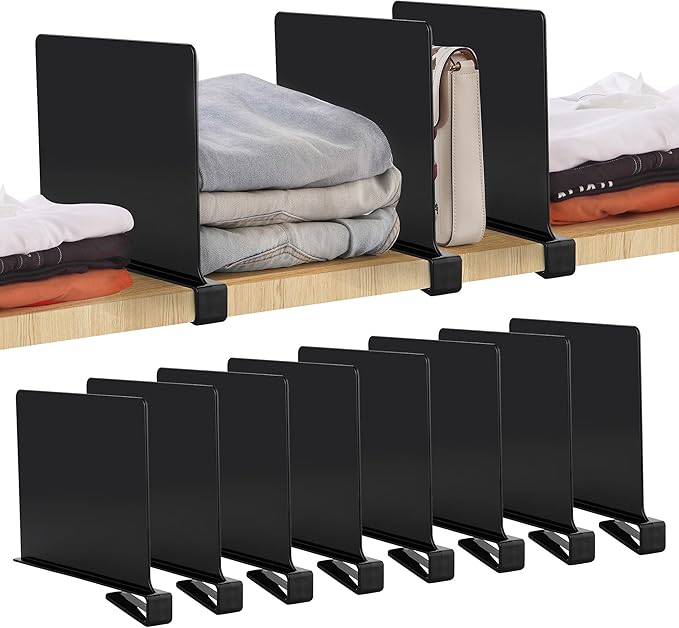 JOY DECOR 8 Pack Acrylic Matte Black Shelf Dividers for Closets Organizer and Storage Adjustable Vertical Wood Shelf Closet Separators for Clothes,Book,Bags in Bedroom and Kitchen