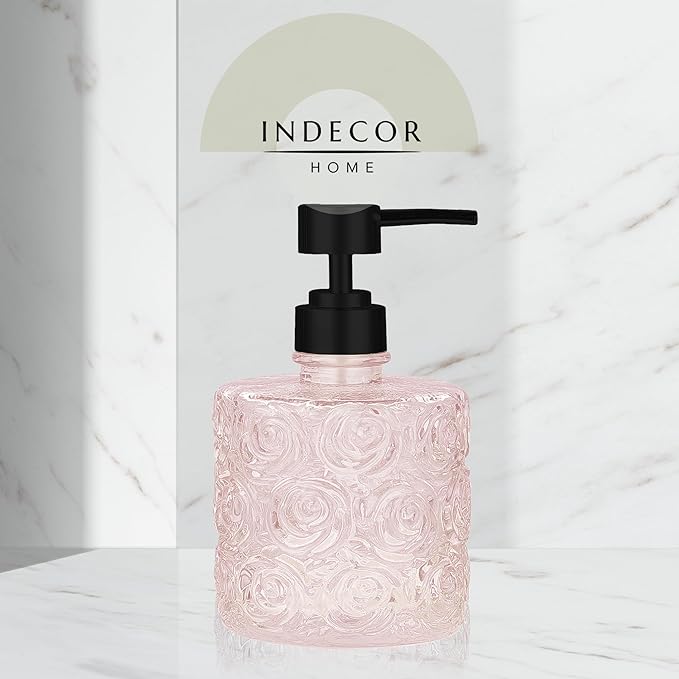 Marcella Glass Soap Dispenser with Soap Pump, Refillable 14 Ounce Capacity, Floral Design Rose Patterns, Heavy Weight Thick Glass for Bathroom, Premium Kitchen Soap Dispenser Peach Blush
