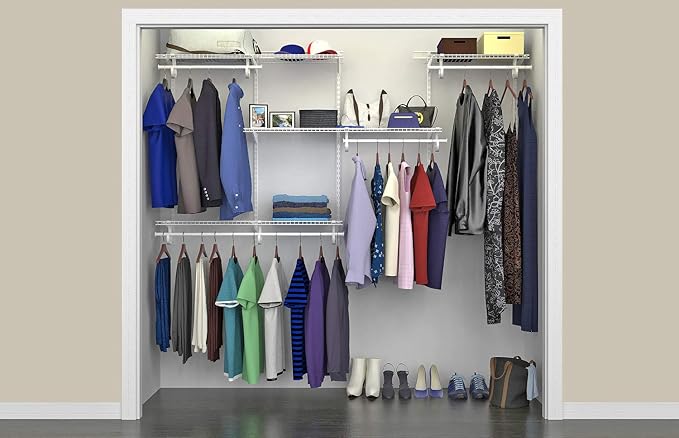 ClosetMaid ShelfTrack Wire Closet Organizer System, Adjustable from 5 to 8 Ft., with Shelves, Clothes Rods, Hardware, Durable Steel, White