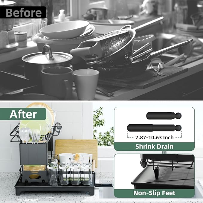 2 Tier Dish Drying Rack, Drying Rack with Automatic Drainboard, Dish Racks for Kitchen Counter, Rustproof Dish Drainer with Removable Utensil Holder, Cups Holder, Black