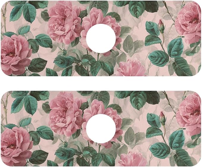 Kitchen Sink Splash Guard 2 PCS 14.7 Inch Sink Faucet Mat Splash Guard for Bathroom Countertop Water Absorbent Foldable Cuttable Soft Washable Pink Vintage Roses with Leaves
