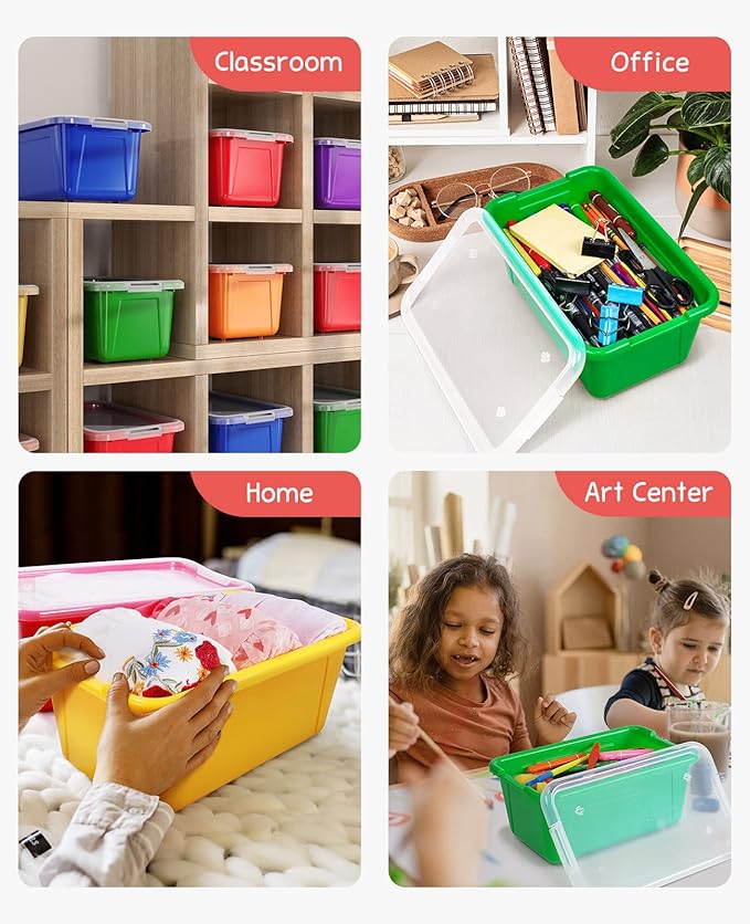 GAMENOTE 6 Quart Storage Bins with Lids-12 Pack Rainbow Plastic Latching Box for Classroom&Kids Toy Storage Opaque Stackable Shoe Box Size Containers for STEM Morning Tubs, Crafts & Building Blocks