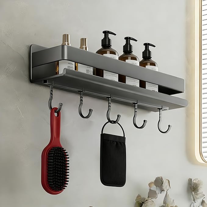 Carbon Steel Wall Mounted Spice Rack with Hooks, 15.75" D x 3.94" W x 3.15" H Adhesive No-Drill Spice Organizer, Dark Gray Kitchen & Bathroom Storage Shelf for Countertop Cabinet Wall