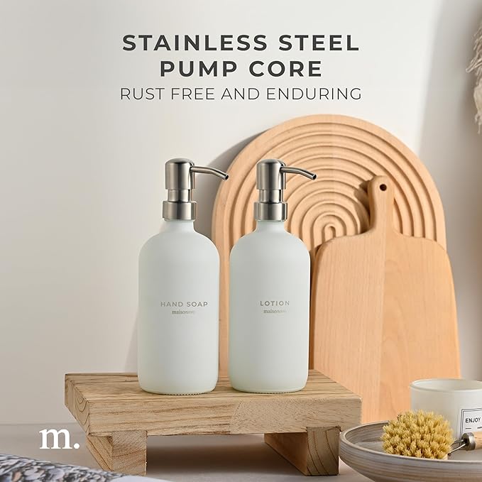 MaisoNovo Soap Dispenser 2-Piece Set | 16.9oz White Bottles with Silver Stainless Steel Pump Core