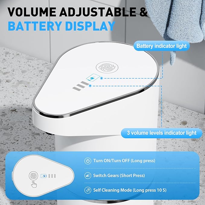 Automatic Soap Dispenser,Touchless Hand Wall Mount Rechargeable 3 Gear Adjustable Electric Soap Dispenser 350ml with Infrared Motion Sensor for Bathroom,Kitchen,Office, White Foam