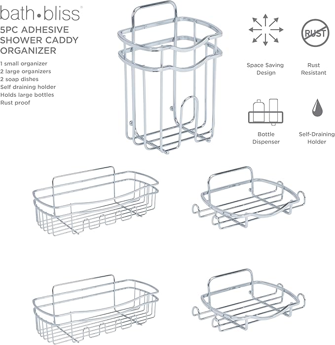 Bath Bliss Adhesive Shower Caddy Organizer | 5 Piece Set | 2 Soap Dishes | 1 Small Organizer | 2 Large Organizers | Bathroom Organization | Holds Up to 15lbs | Easy to install | Chrome