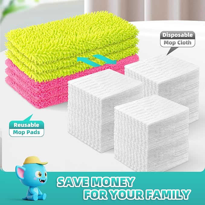 6 Pack Reusable Mop Pads Compatible with Swiffer Sweeper Mop, Washable Wet Pads Refill, Dry Sweeping Cloths, Microfiber Pads for Mopping Floors (Green, Pink)
