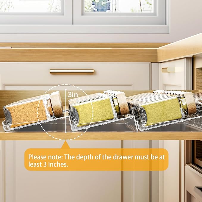 2-Tier Spice Drawer Organizer 4 Pack, Expandable from 11" to 22" Clear Acrylic Spice Rack for Drawer, Seasoning Organizer Holds Up to 48 Jars for Kitchen Spice Organization(Jars Not Included)