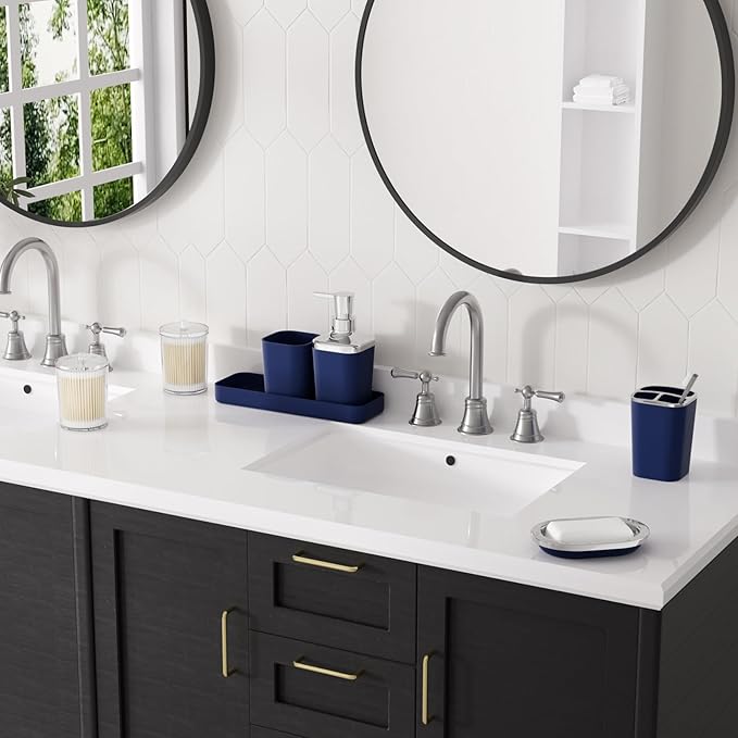 Navy Blue Bathroom Accessories Set, 9-Piece Plastic Gift Set with Trash Can, Toothbrush Holder, Toothbrush Cup, Soap Dispenser, Soap Dish, Toilet Brush Holder,2 Qtip Holder Dispensers and Tray