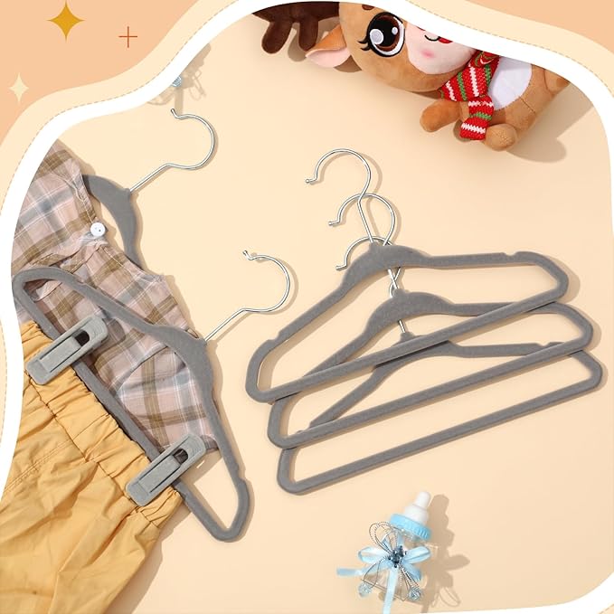 Soaoo 20pack Premium Baby Velvet Hangers with Adjustable 40 Clips, Non Slip 11 Inch Slim Kids Closet Organizer for Pants, Dresses & Matching Outfits, Nursery & Toddler Wardrobe (Grey)