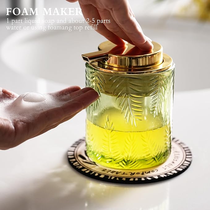 Glass Foaming Dispenser - Refillable Lotion or Soap Dispenser for Kitchen & Bathroom, Large Gold Pump (Leaf Pattern - Green)