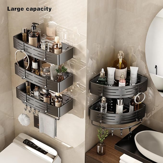 VOLPONE Shower Caddy No Drilling Shower Shelves for Inside Shower Heavy Duty Bathroom Organizer Storage Rack Adhesive with Towel Bar Hooks (2-Pack, Matte Gray)