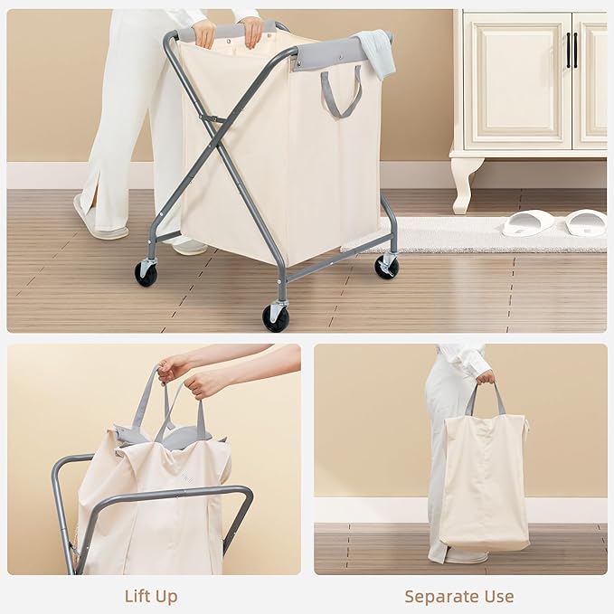 STORAGE MANIAC 125L Collapsible Laundry Hamper with Wheels, Rolling Laundry Basket, Heavy Duty Cloth Sorter with Removable Bag, Folding X Frame Clothes Organizer Cart for Easy to Store, 2 Section