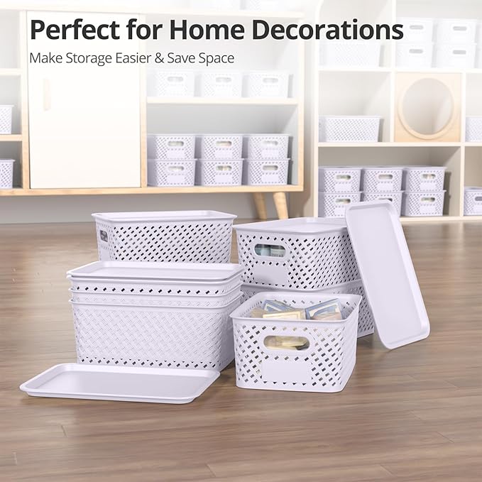 Plastic Storage Bins with Lid, Stackable Small Box Basket for Organizing and Containers for Shelves Drawers Desktop Closet Playroom Pantry Classroom Office Home, 8-pack 10.2"x7.2"x4.1" Lavender