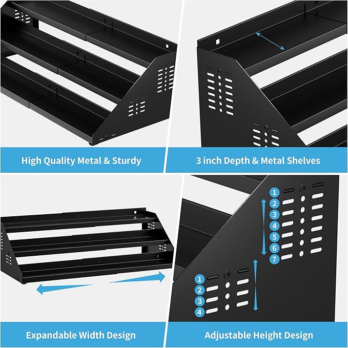 Spice Organizer, Spice Rack for Expandable 3-Tier, Spice Organization for Cabinet Expandable Width and Adjustable Height, Seasoning Organizer for Cabinet, Countertop, Pantry, Black
