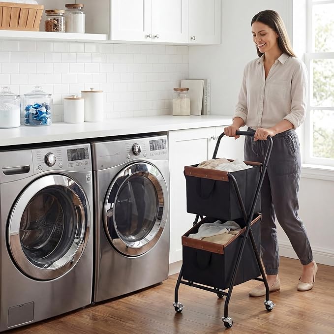 HOOBRO Folding Laundry Cart with Wheels, 17.8 Gal. (67.5 L) Rolling Laundry Hamper, 2 Section Clothes Basket with Metal Frame & Canvas Liner for Small Narrow Space, Black and Brown BB23XY01