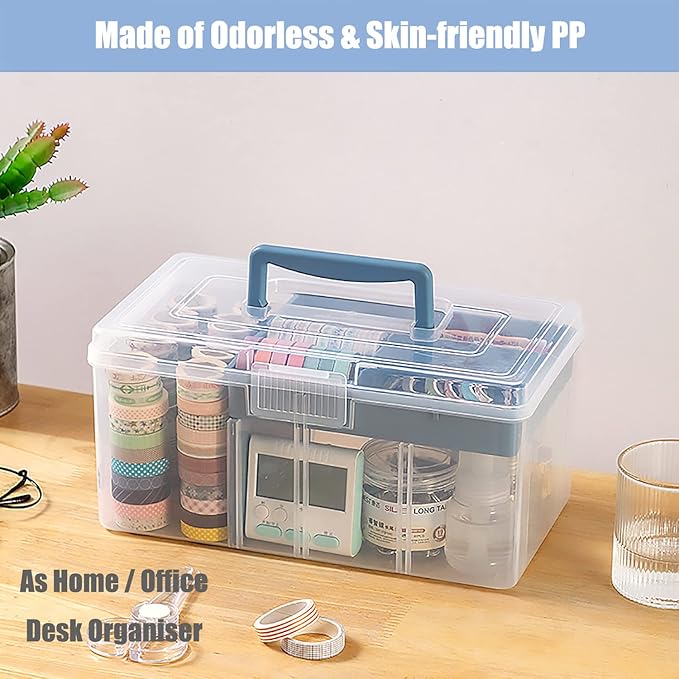 FOREVERIE Clear Plastic Arts & Craft Supplies Organizer Box Large with a Removable Tray & A Partition & Handle, Office Home School Desktop Stationery Storage Box, Medicine Box (Clear & Ocean Blue)